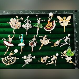 Lot 14 Vintage Style Ballerina Brooches Crystal Pearl Enamel Ballet Dancer Pins